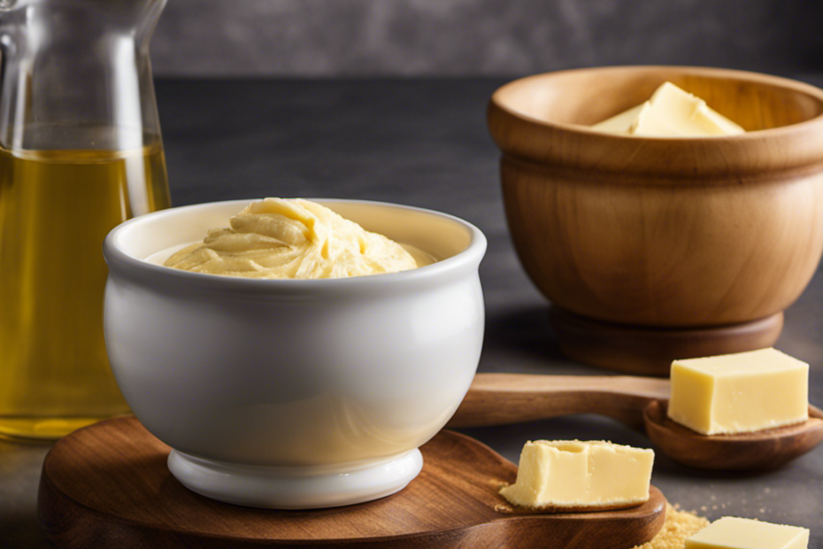 An image showcasing a measuring cup filled with 2/3 cup of smooth, golden oil, gradually transforming into a mound of creamy, decadent butter, highlighting the conversion process from oil to butter