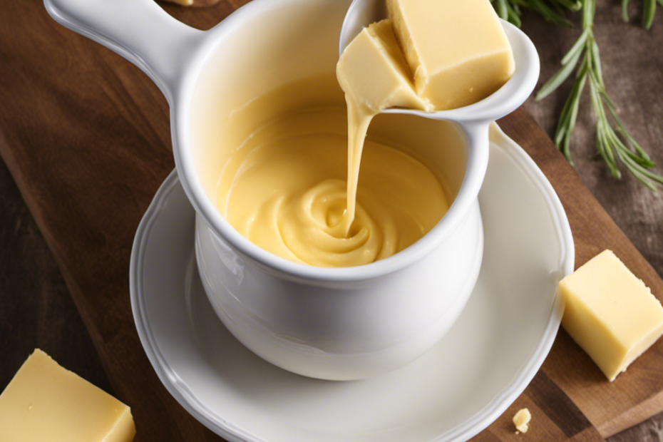 An image showcasing a measuring cup filled with precisely 2/3 cup of creamy, golden butter