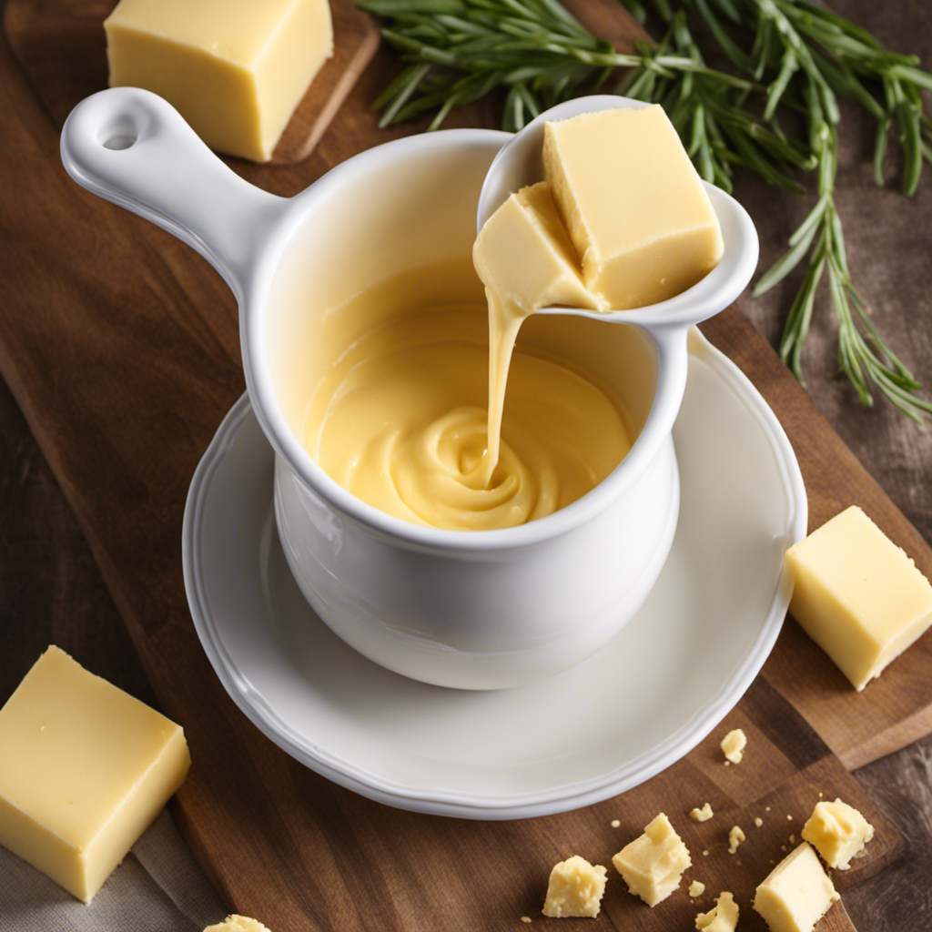 An image showcasing a measuring cup filled with precisely 2/3 cup of creamy, golden butter