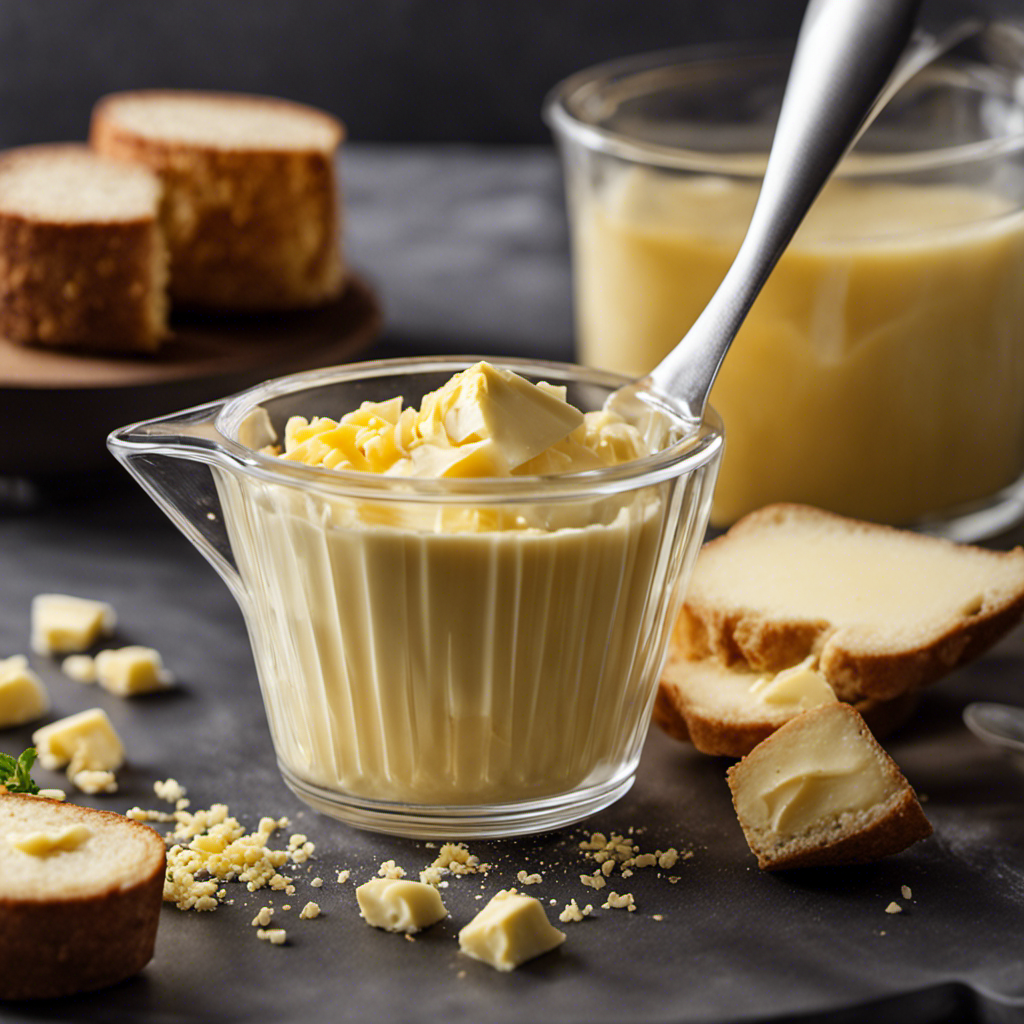 An image of a clear measuring cup filled precisely to the 3/4 cup mark with creamy, golden butter