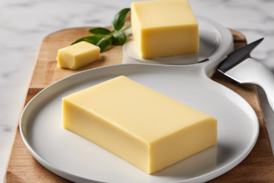 An image showcasing a standard American stick of butter, precisely sliced into four equal portions