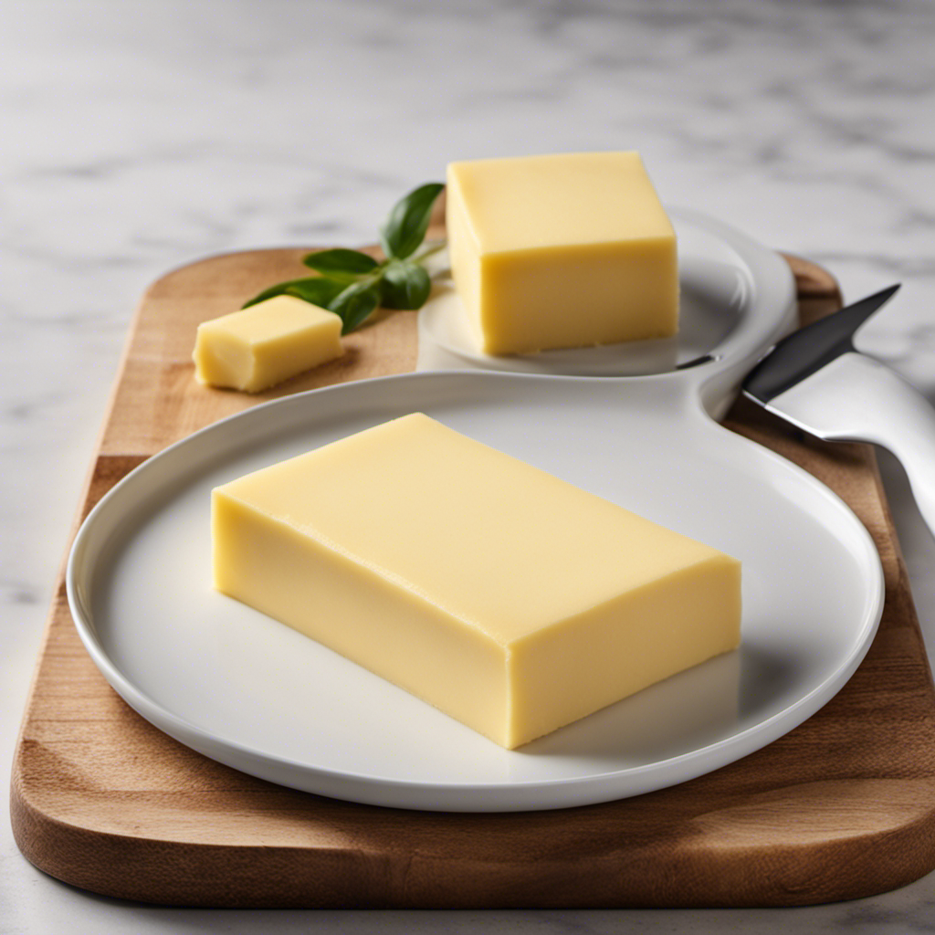 An image showcasing a standard American stick of butter, precisely sliced into four equal portions