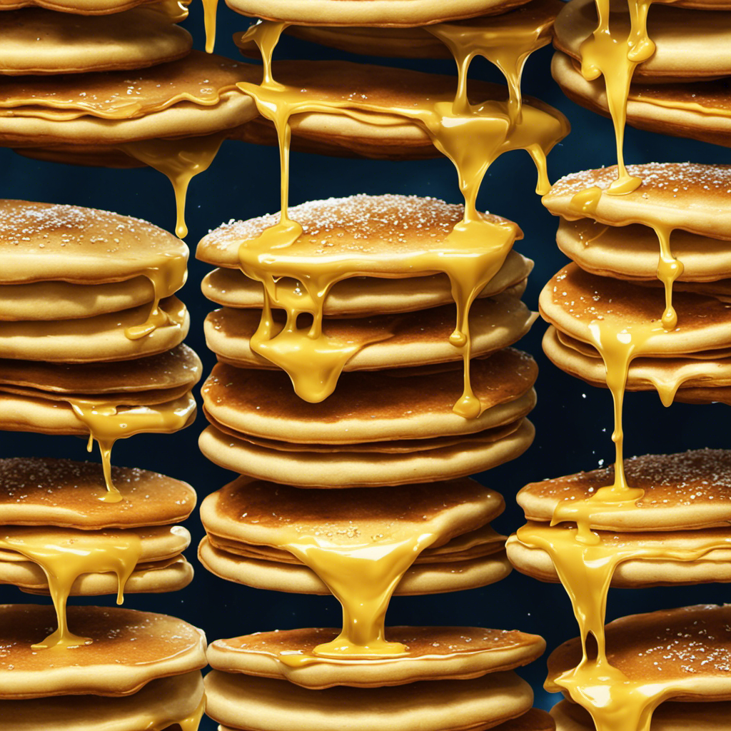 An image showcasing a stack of golden pancakes, dripping with excessive amounts of melted butter