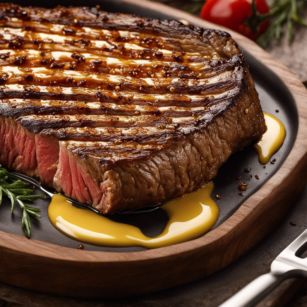 An image showcasing a sizzling steak on a hot grill, its juicy surface glistening with melted butter