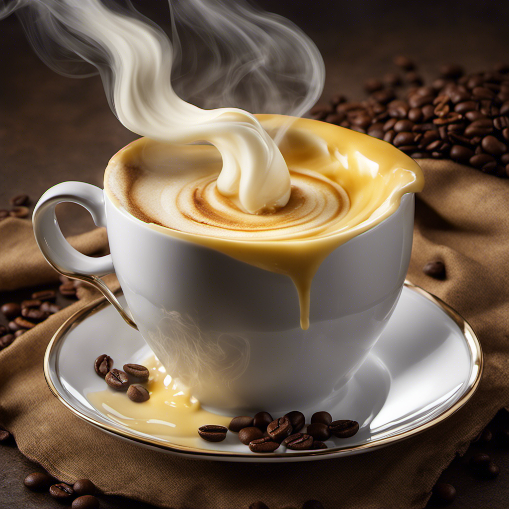 An image capturing a steaming cup of coffee with a luscious swirl of melted butter delicately floating on the surface, enticing readers to explore the intriguing concept of adding butter to their morning brew