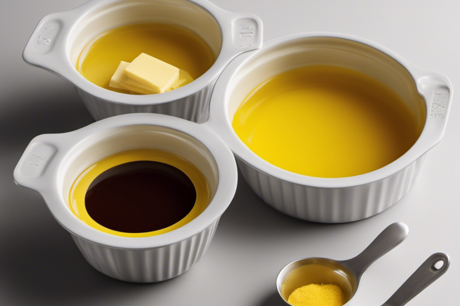 An image showcasing a measuring cup filled with 1/2 cup of vegetable oil, alongside a separate bowl with an equivalent amount of butter, visually illustrating the conversion from oil to butter in baking recipes