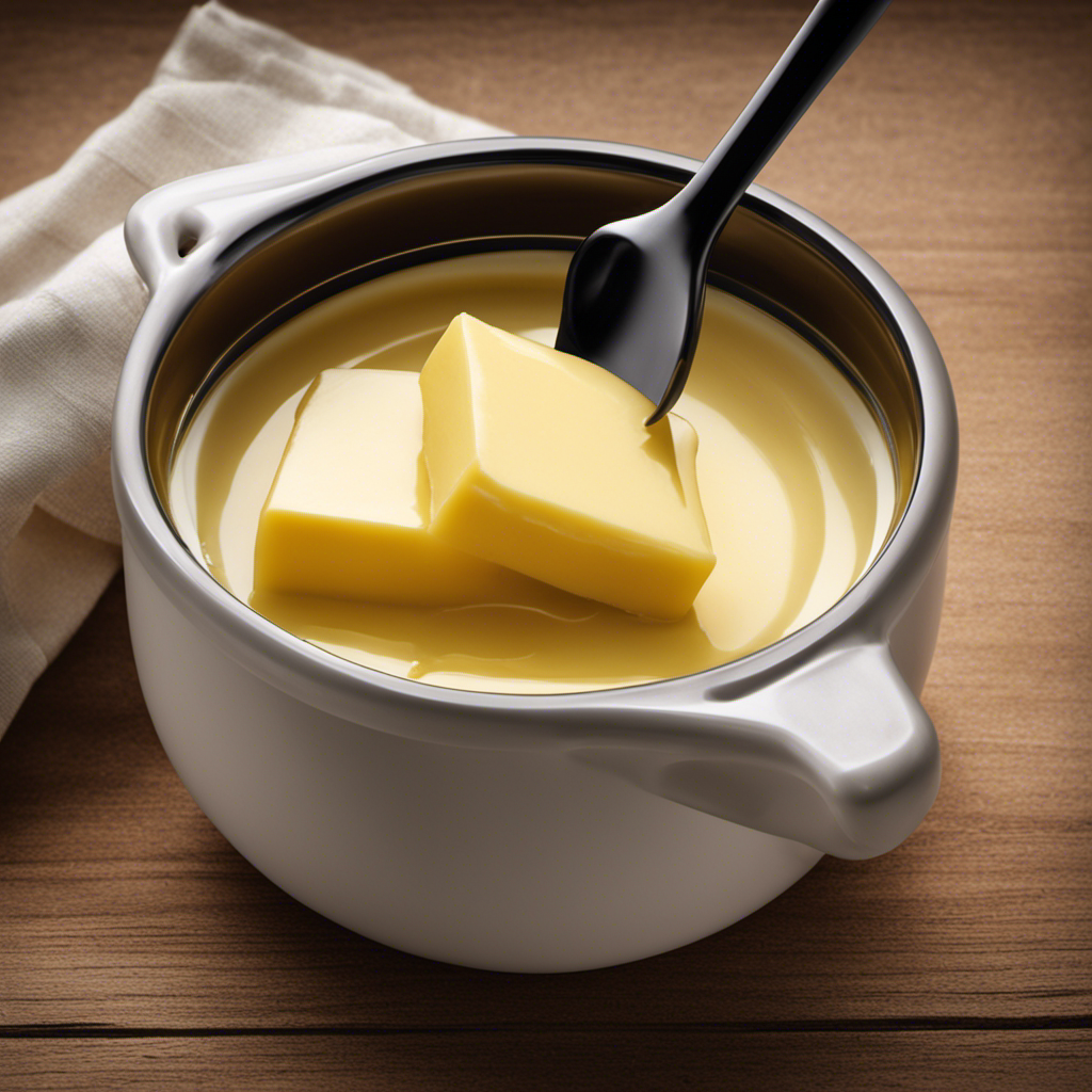 An image showcasing a measuring cup filled with 1/2 cup of oil, next to a bowl holding an equivalent amount of butter