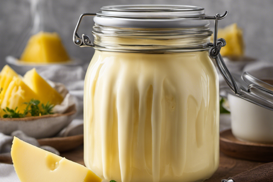 An image showcasing a glass quart jar filled with fresh, creamy white liquid, gradually transforming into a rich, vibrant yellow slab of butter, capturing the fascinating process of cream churned to perfection