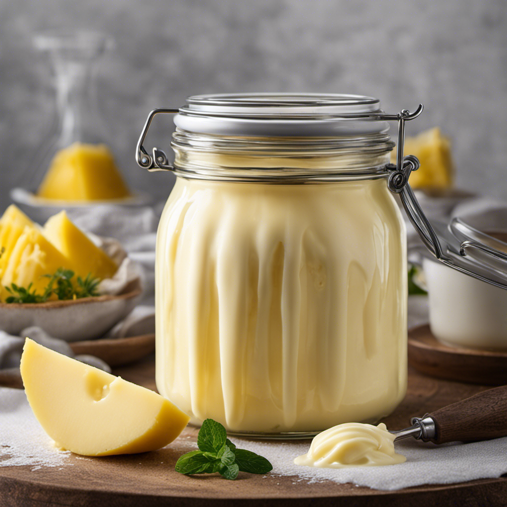 An image showcasing a glass quart jar filled with fresh, creamy white liquid, gradually transforming into a rich, vibrant yellow slab of butter, capturing the fascinating process of cream churned to perfection