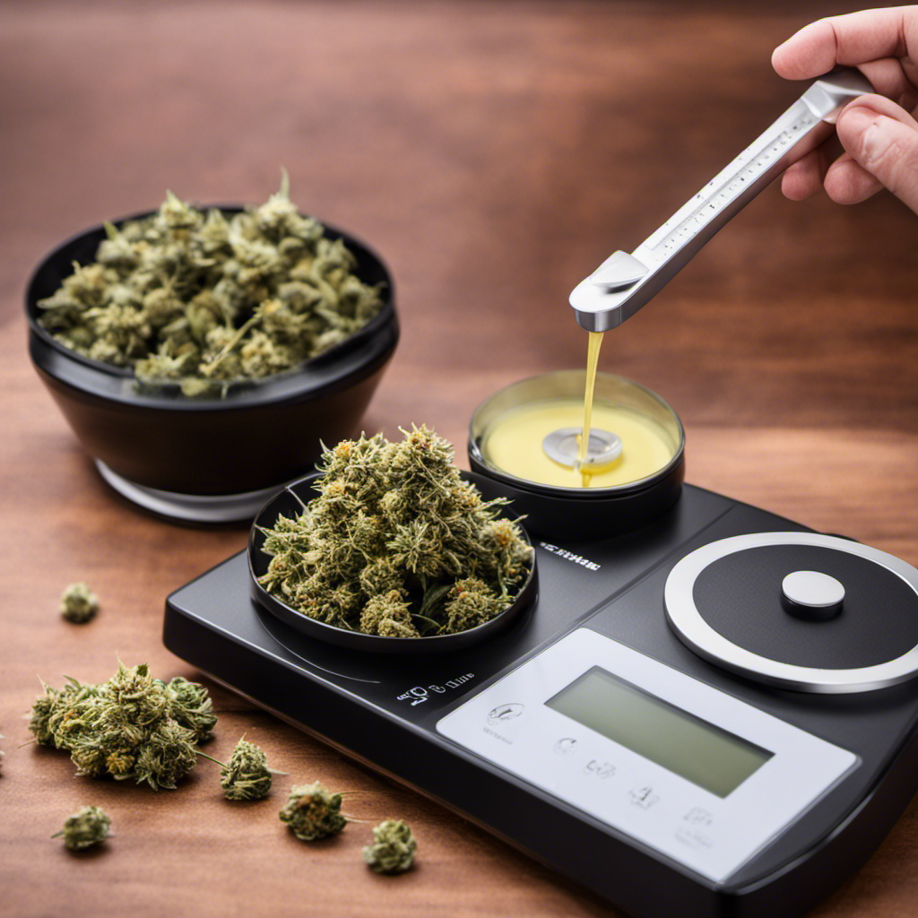 An image showcasing a digital scale, precisely measuring 2 ounces of dried cannabis flowers