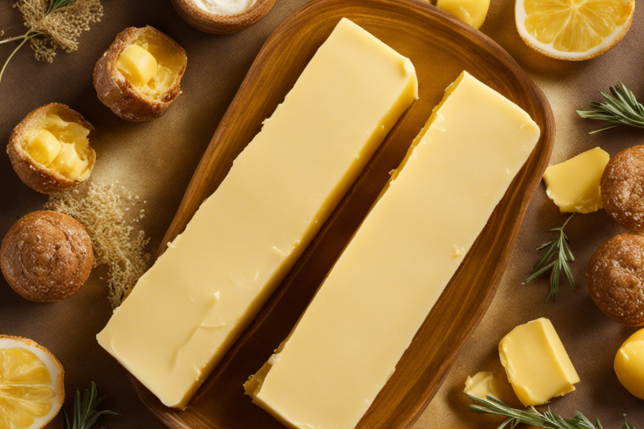 An image featuring a stick of butter, sliced in half to reveal a rich, creamy interior that glistens with a golden hue