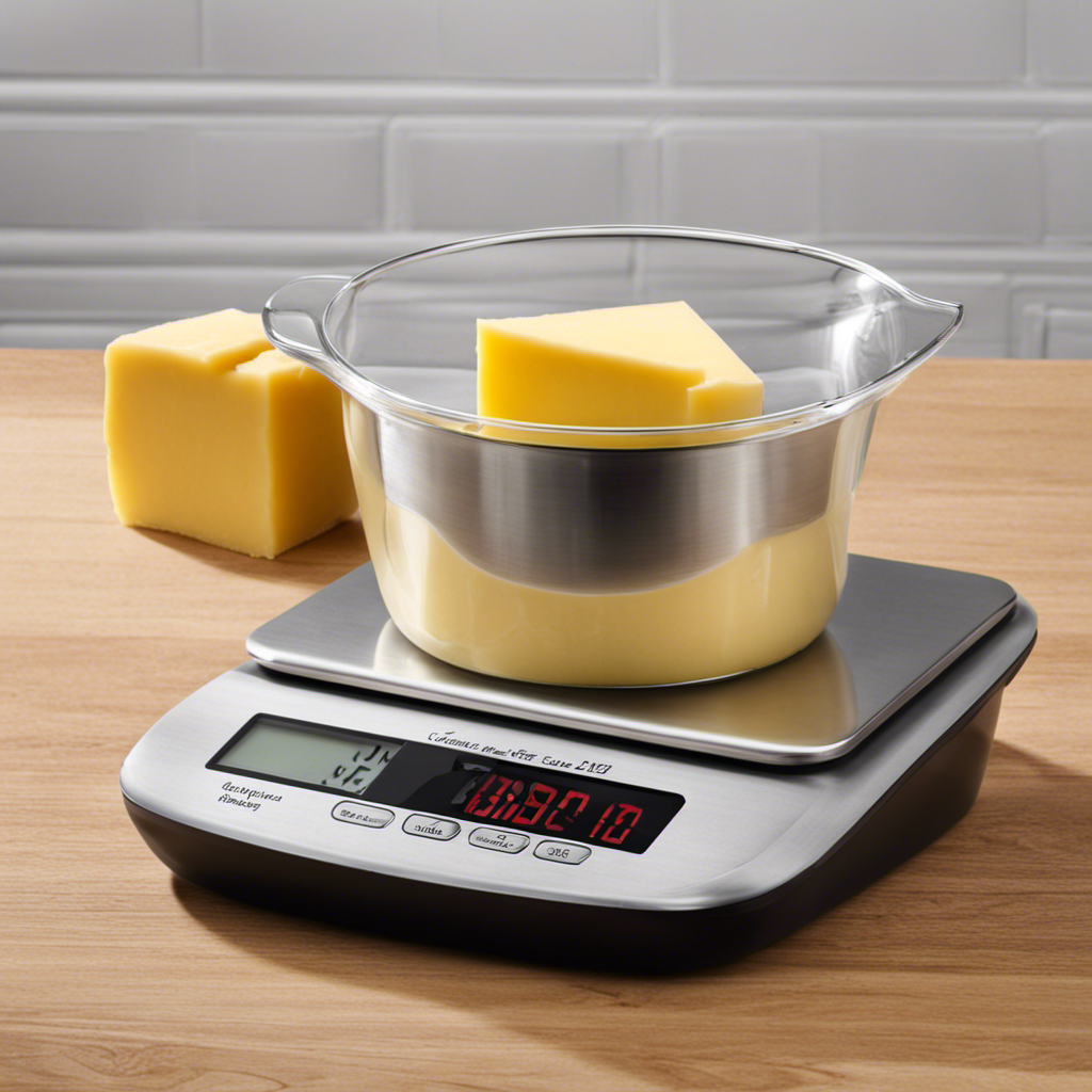 An image showcasing a digital kitchen scale with a measuring cup containing precisely 1/2 cup of butter