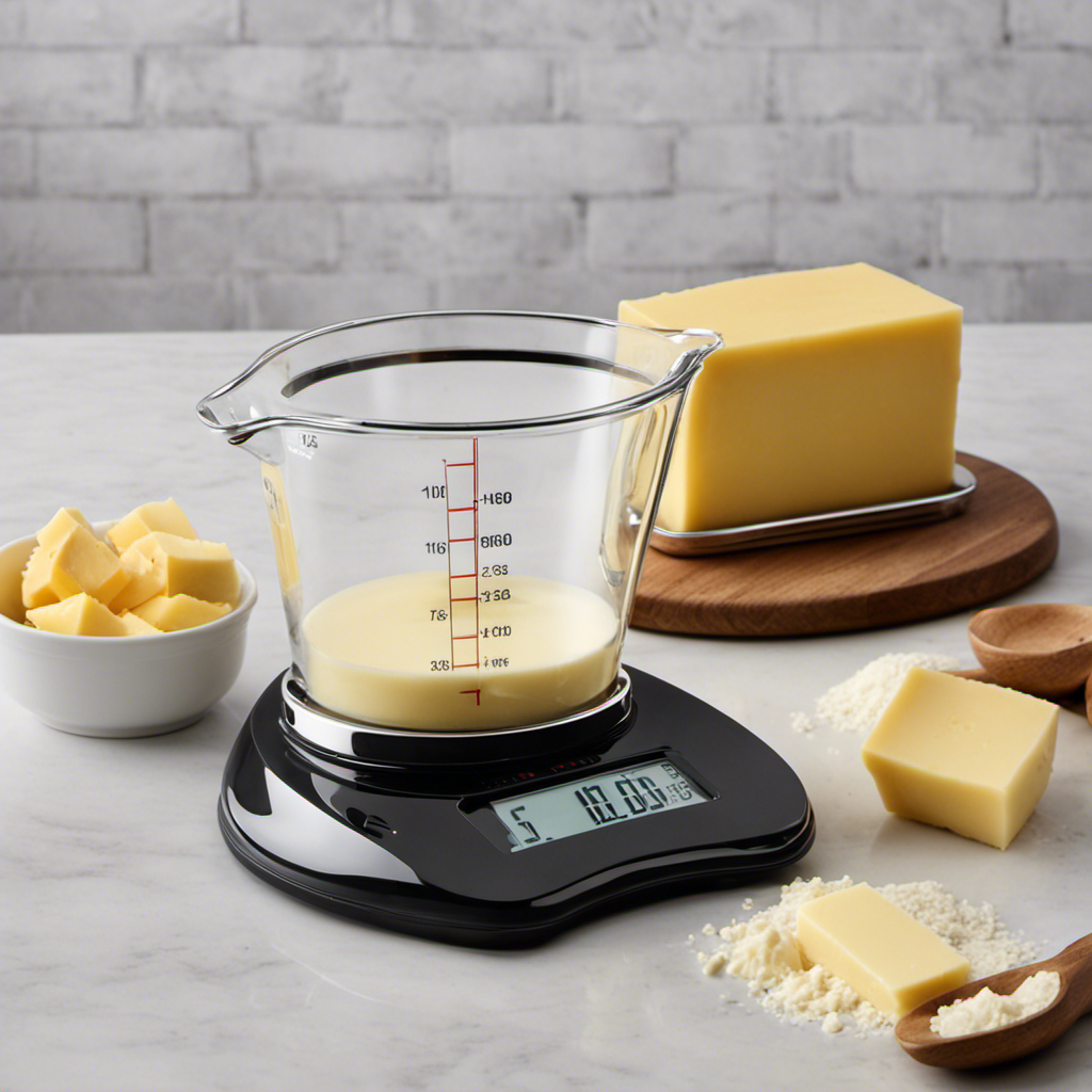 An image that showcases a sleek digital scale with a measuring cup filled exactly to the 1/2 cup mark, overflowing with solid sticks of butter