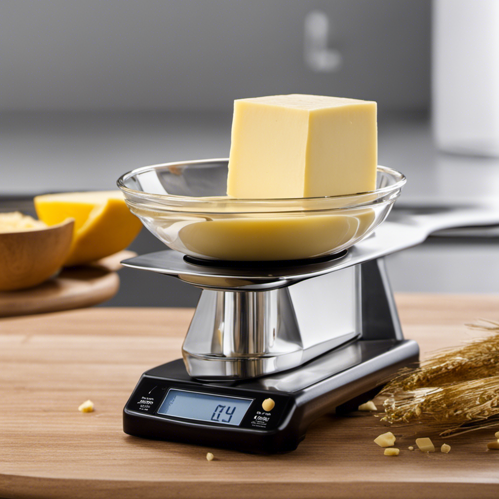 An image showing a precise measurement of 1/4 cup of butter, beautifully balanced on a kitchen scale