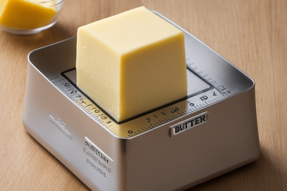 An image of a precise measuring scale with a cup of butter placed on it