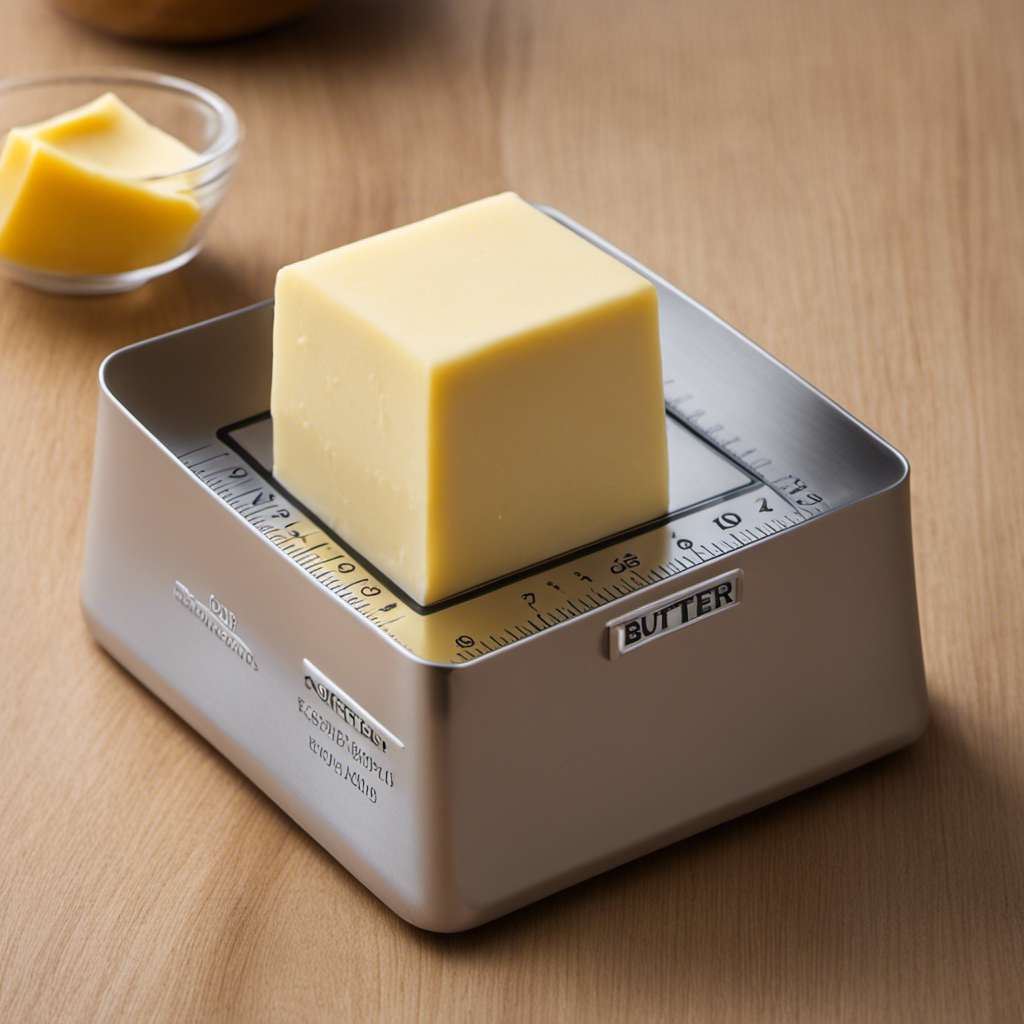 An image of a precise measuring scale with a cup of butter placed on it