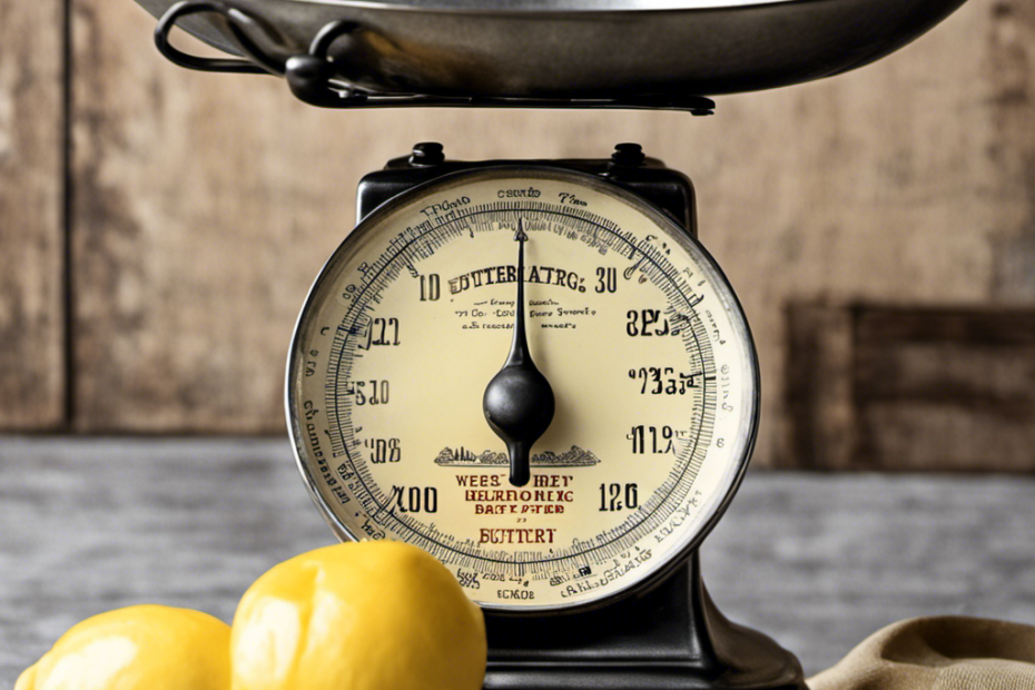 An image depicting a vintage kitchen scale with a silver measuring cup filled to the brim with creamy butter, showcasing its weight