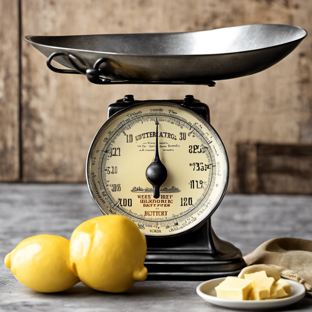 An image depicting a vintage kitchen scale with a silver measuring cup filled to the brim with creamy butter, showcasing its weight