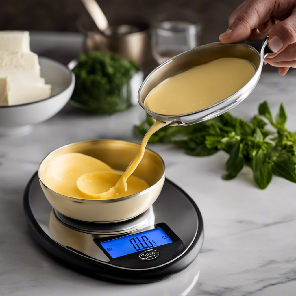 An image that showcases a perfectly leveled tablespoon filled with creamy, golden butter, gently resting on a sleek and precise digital scale, capturing the exact weight of this culinary essential