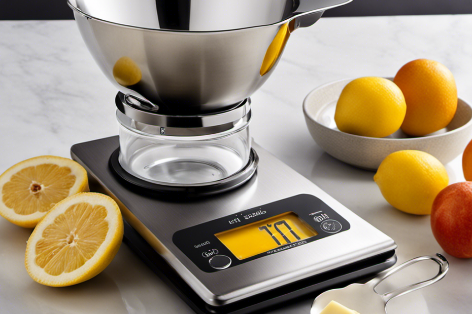 An image showcasing a sleek, stainless steel kitchen scale adorned with a glass measuring cup filled exactly 2/3 full with rich, creamy butter