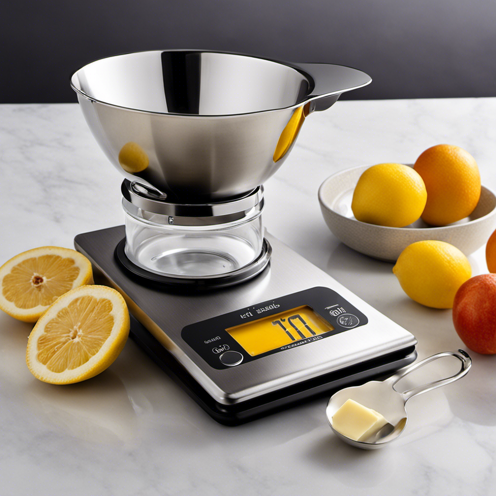 An image showcasing a sleek, stainless steel kitchen scale adorned with a glass measuring cup filled exactly 2/3 full with rich, creamy butter