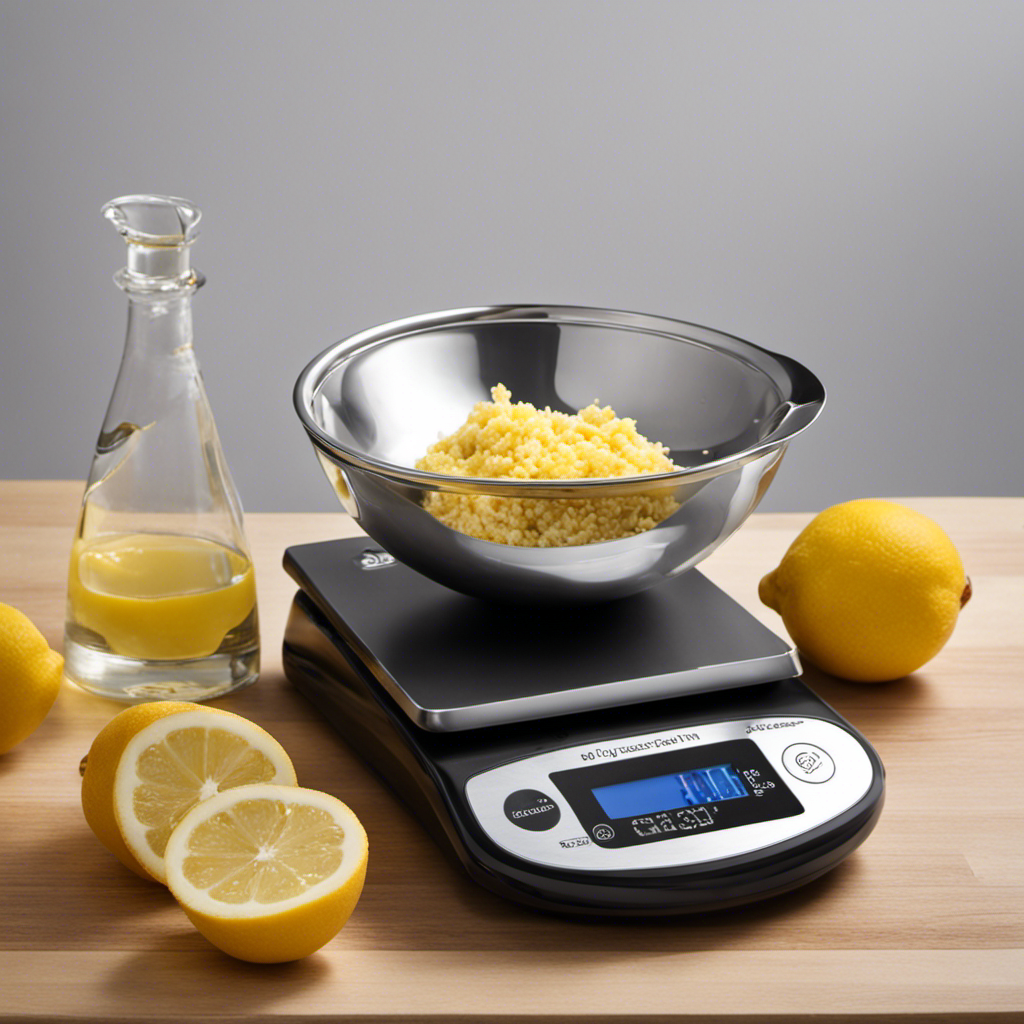 An image showcasing a digital kitchen scale, with a small bowl on top containing exactly 2 tablespoons of butter