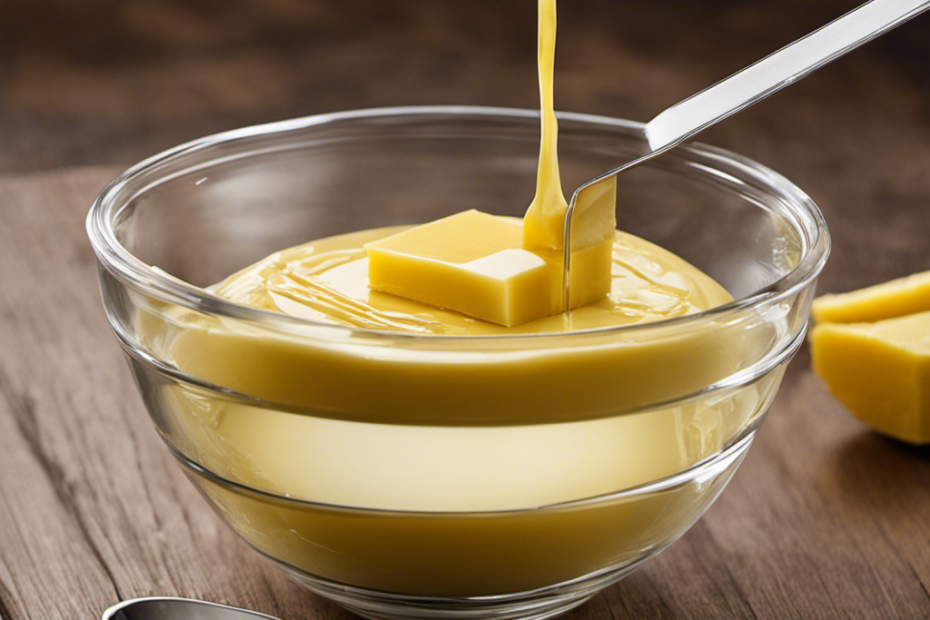 An image showcasing a precise measuring scale with a clear glass bowl filled with 3/4 cup of melted butter