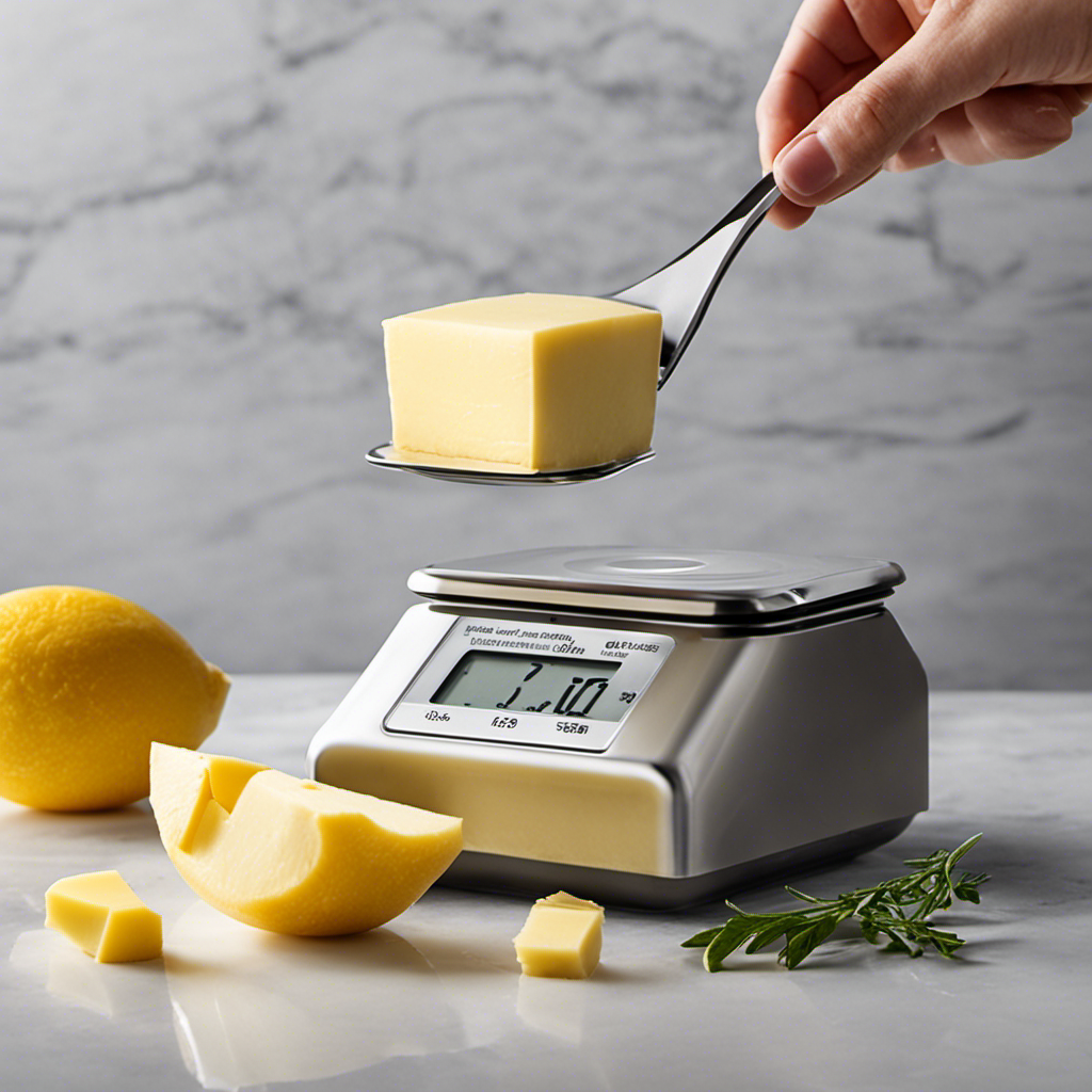 An image capturing a precise digital scale with a tablespoon placed on it, precisely measuring 3 tablespoons of butter