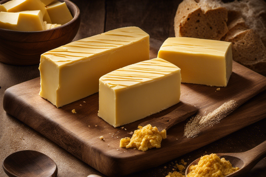An image showcasing four sticks of creamy, golden butter neatly arranged in a row, sitting atop a rustic wooden cutting board