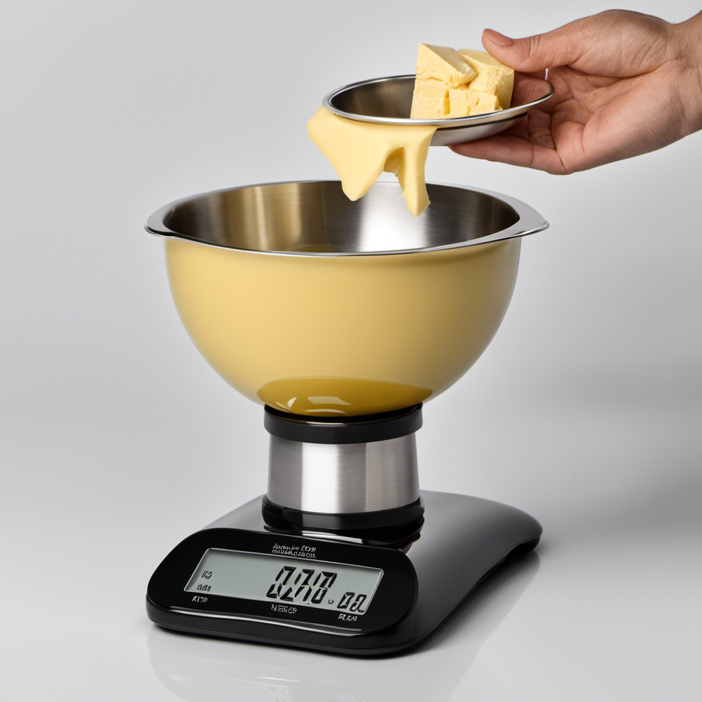 An image showcasing a digital kitchen scale with a small stainless steel bowl placed on it