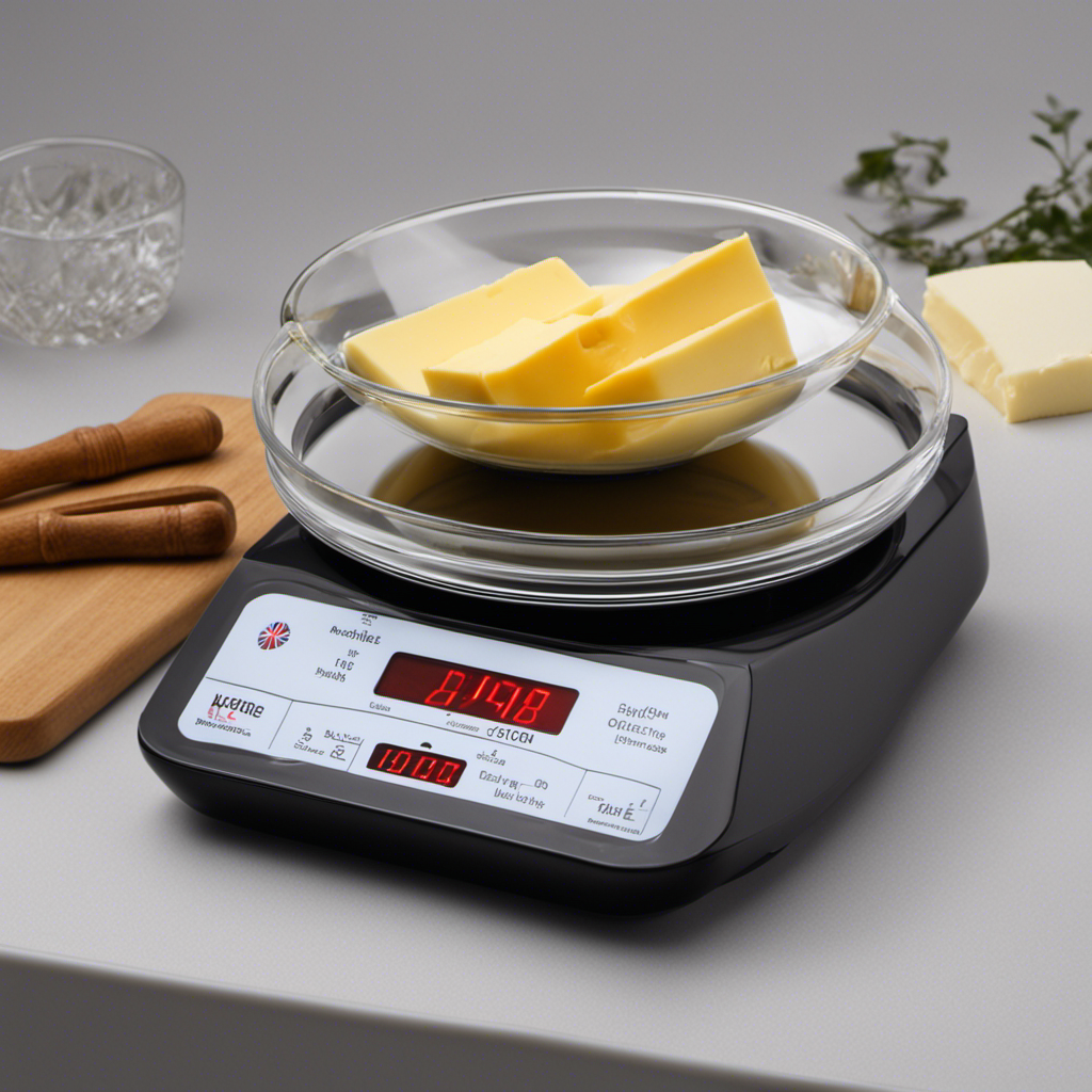 An image showcasing a digital scale with a small bowl placed on top, filled with precisely measured 6 tablespoons of butter
