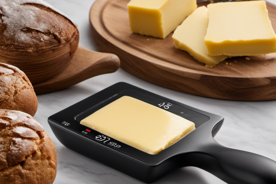 An image that showcases a sleek digital scale, displaying the precise weight of 6 tablespoons of butter