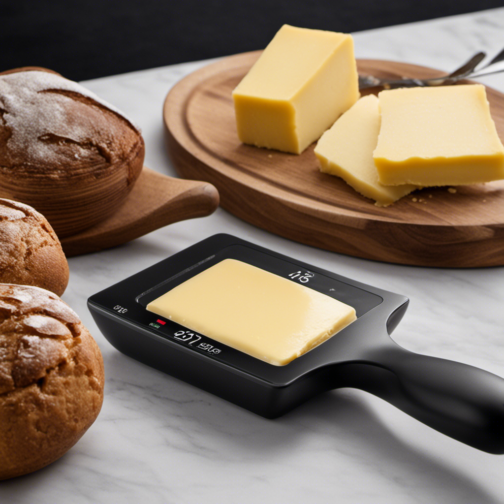 An image that showcases a sleek digital scale, displaying the precise weight of 6 tablespoons of butter