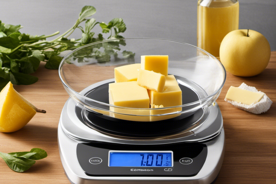 An image showcasing a sleek digital scale with a transparent bowl on top, containing precisely measured 8 tablespoons of butter