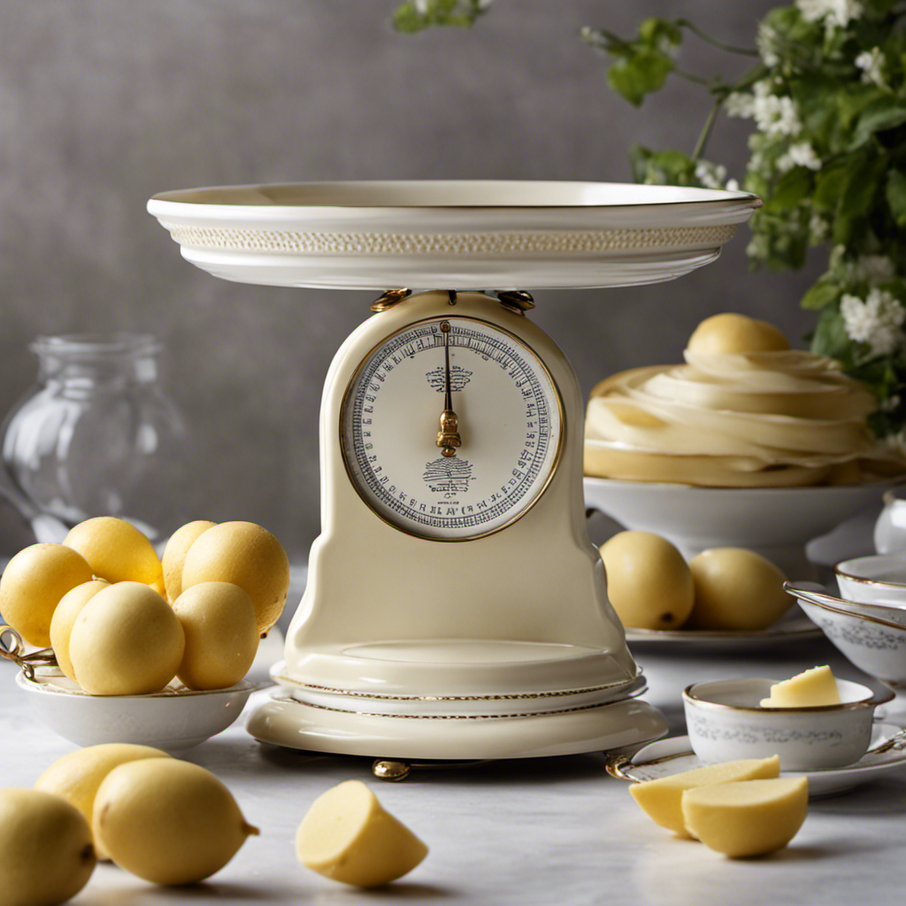 An image showcasing a vintage scale with a delicate porcelain cup, filled to the brim with creamy butter