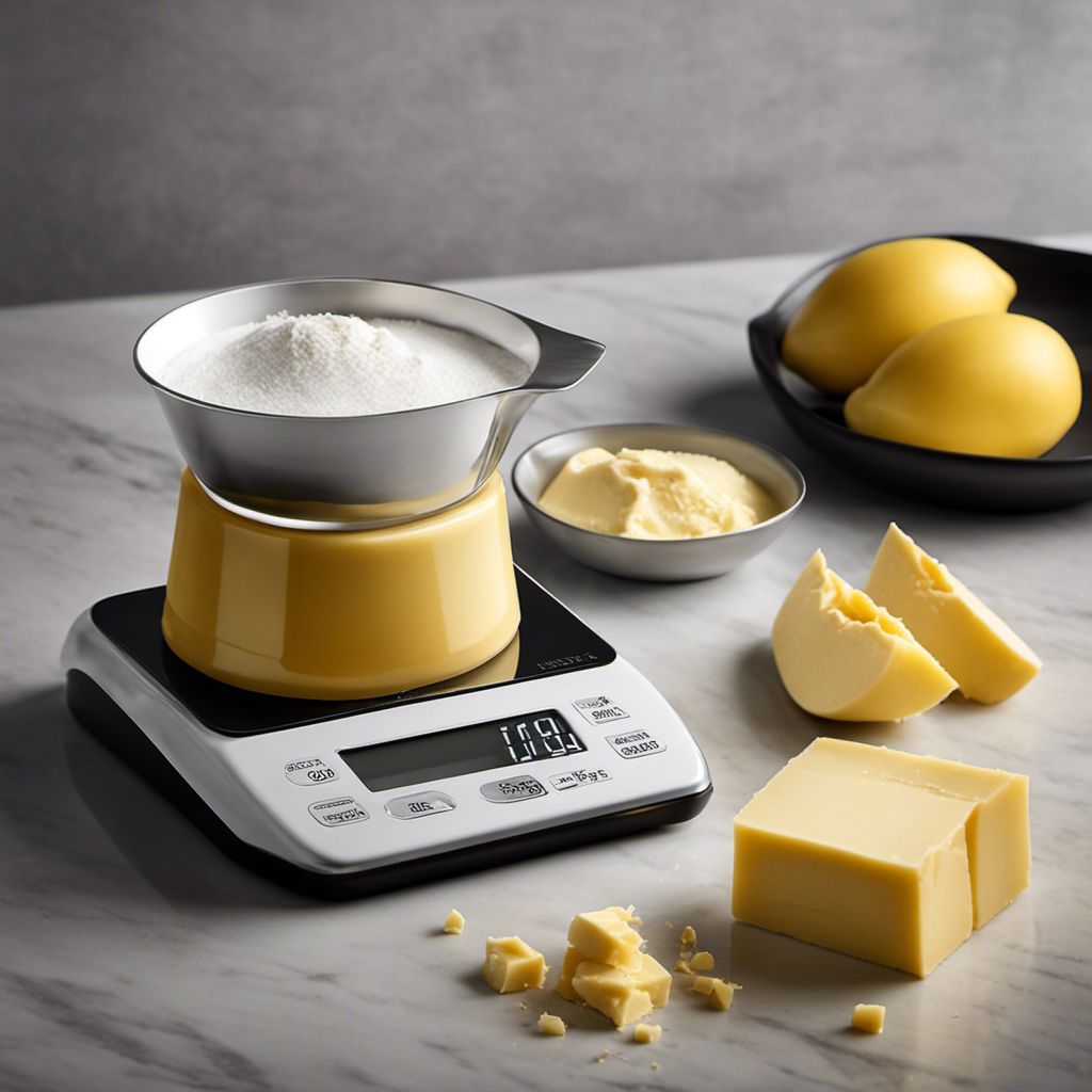 An image showcasing a precise digital scale displaying a half-filled measuring cup of butter