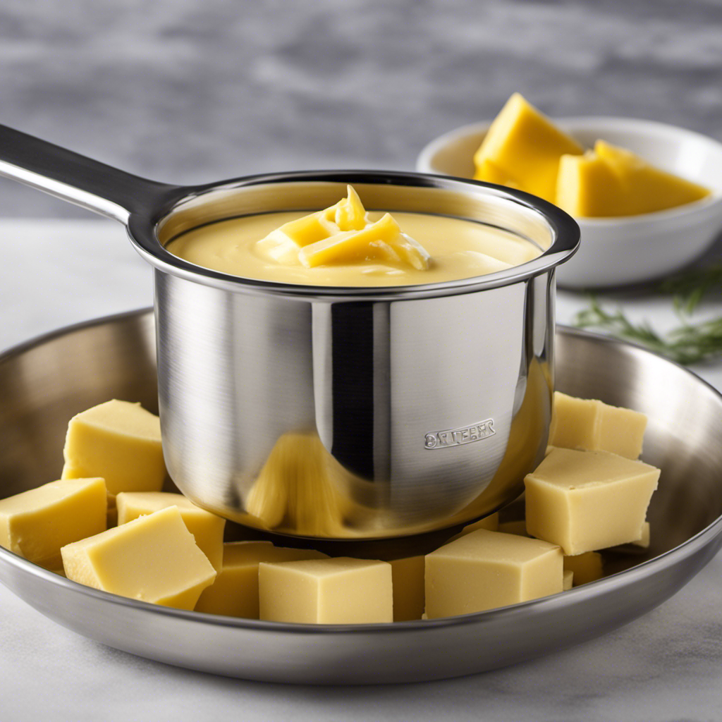 An image showcasing a precise half-cup measuring cup filled with creamy butter, perfectly levelled
