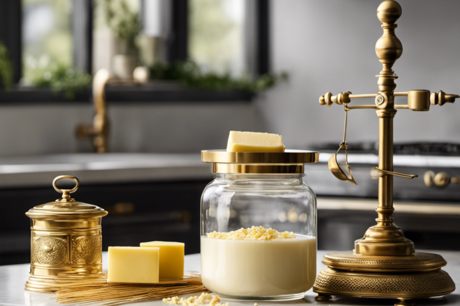 An image that showcases a pristine white kitchen countertop with a glass jar filled with golden sticks of creamy butter, next to a vintage scale adorned with a small brass weight