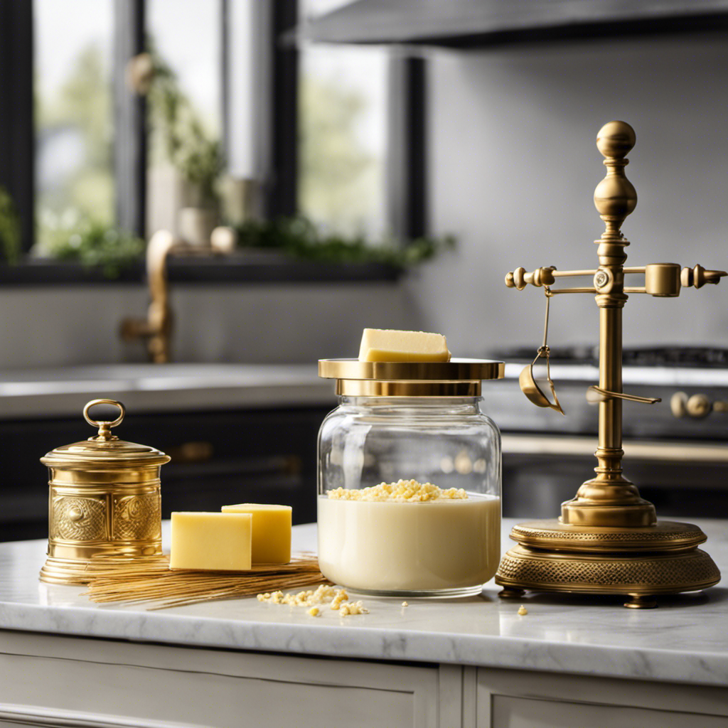 An image that showcases a pristine white kitchen countertop with a glass jar filled with golden sticks of creamy butter, next to a vintage scale adorned with a small brass weight