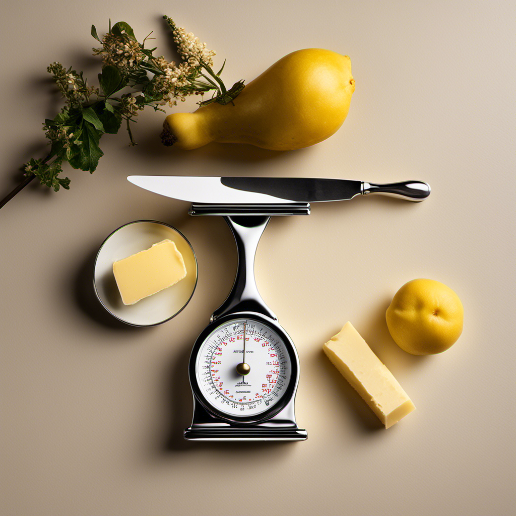 An image showcasing a simple kitchen scale, with a gleaming silver butter knife placed delicately on it