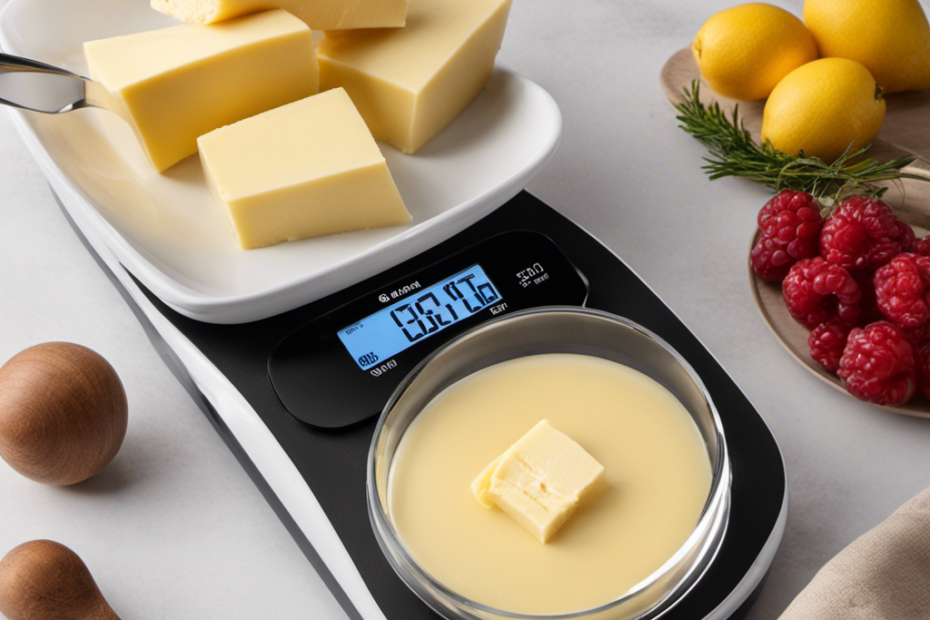 An image showcasing a digital kitchen scale with a tablespoon of butter perfectly balanced on it