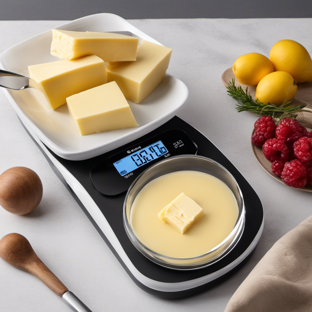 An image showcasing a digital kitchen scale with a tablespoon of butter perfectly balanced on it