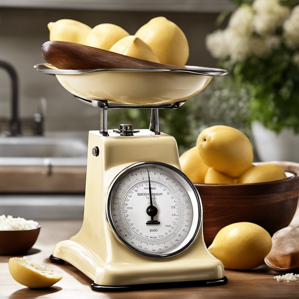 An image showcasing a vintage kitchen scale, adorned with a delicate tablespoon of creamy butter, perfectly balanced and suspended mid-air, casting a soft glow on the surrounding countertop