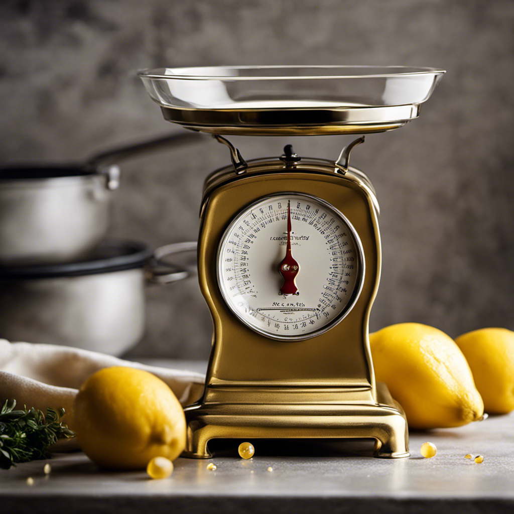 An image showcasing a vintage kitchen scale, delicately balanced, with half a cup of melted butter in a glass measuring cup
