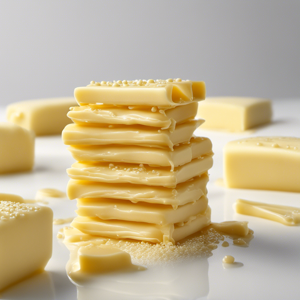 An image featuring a stack of butter sticks, one of them partially melted, surrounded by small droplets of fat pooling on a crisp, white surface