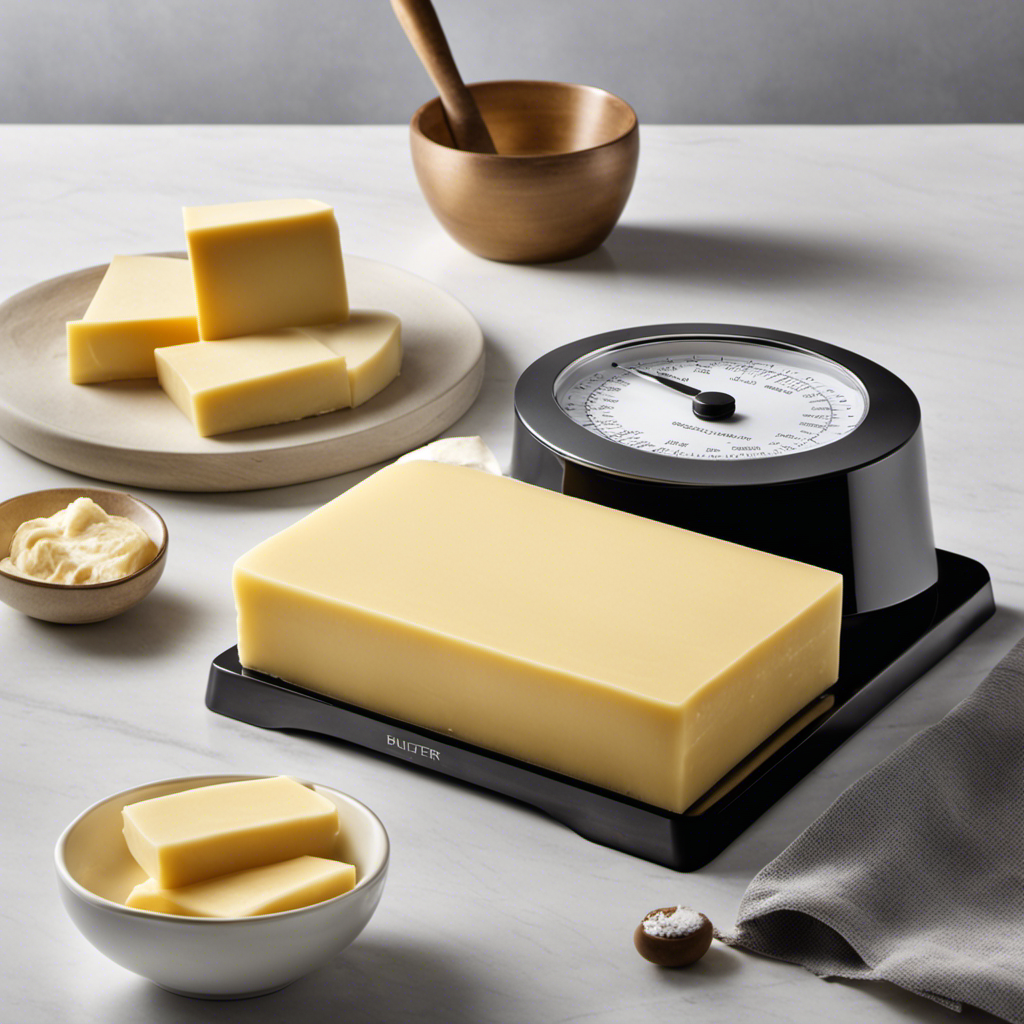 An image capturing a perfectly measured stick of butter, cut into thin slices, displayed on a sleek kitchen scale