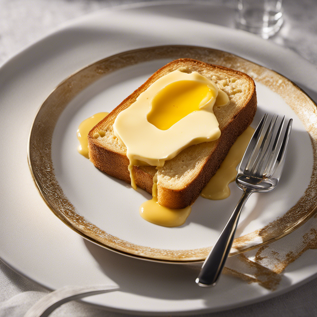 An image that showcases a perfectly measured tablespoon of butter, melting slowly on a warm slice of golden toast, revealing its rich, creamy texture and enticing droplets of fat glistening in the sunlight