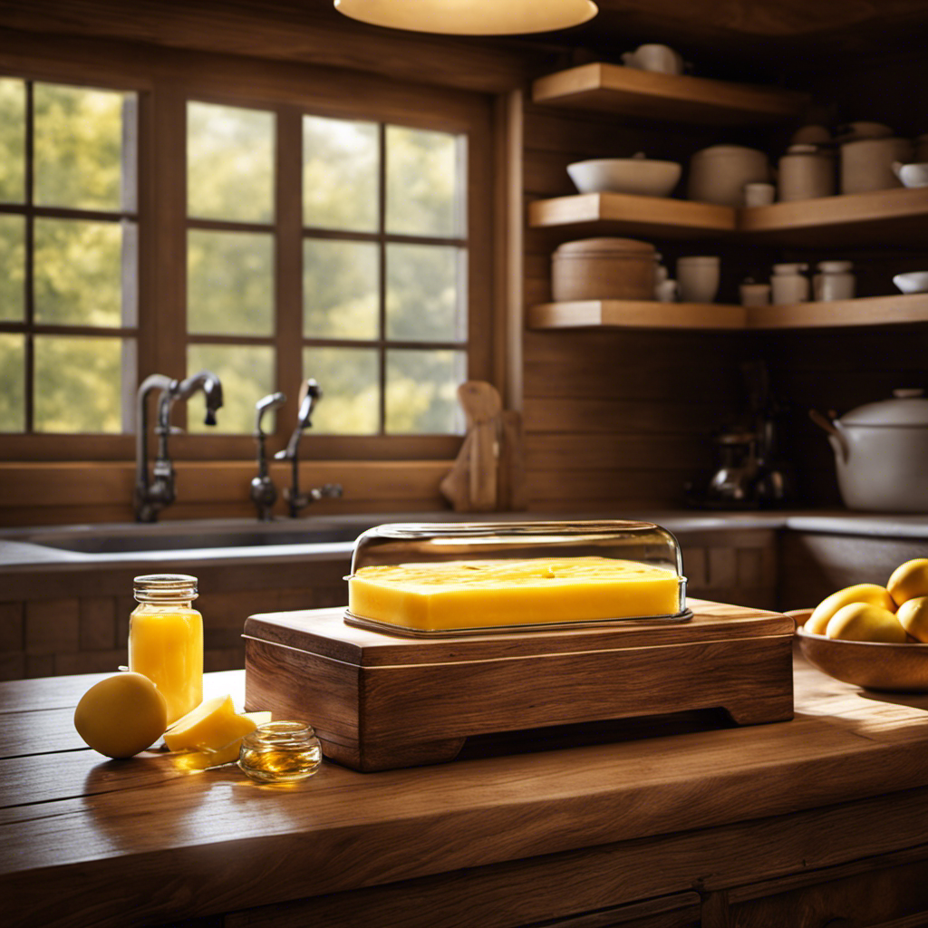 An image showcasing a rustic wooden kitchen countertop adorned with a glass butter dish, brimming with creamy, golden butter