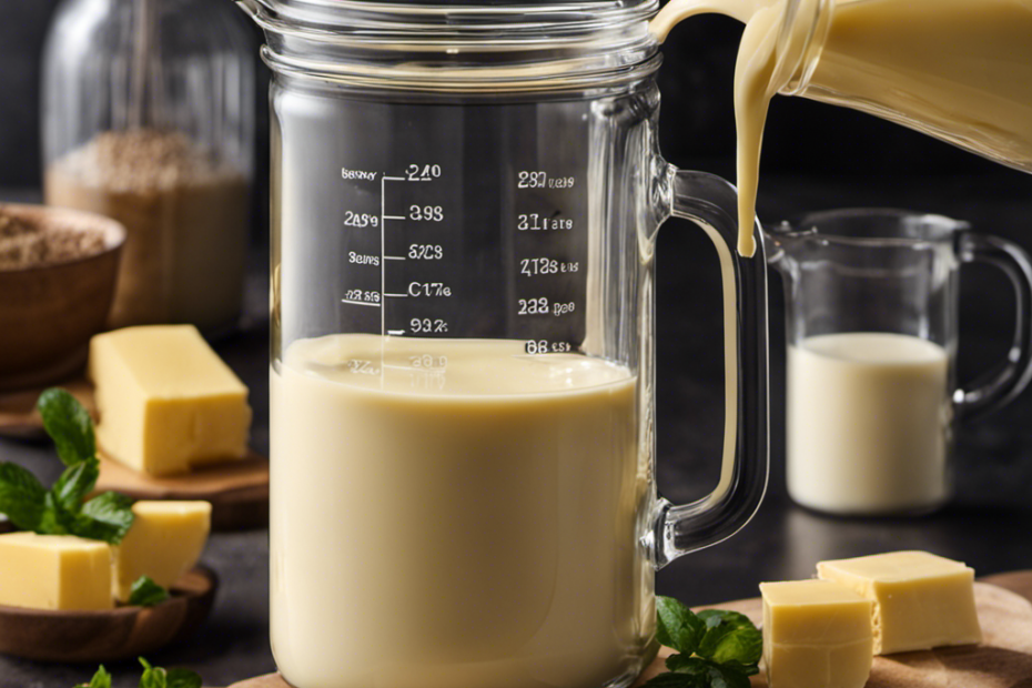 An image showcasing a glass measuring cup filled with precisely 2 cups of heavy cream being poured into a jar, illustrating the process of making a pound of butter