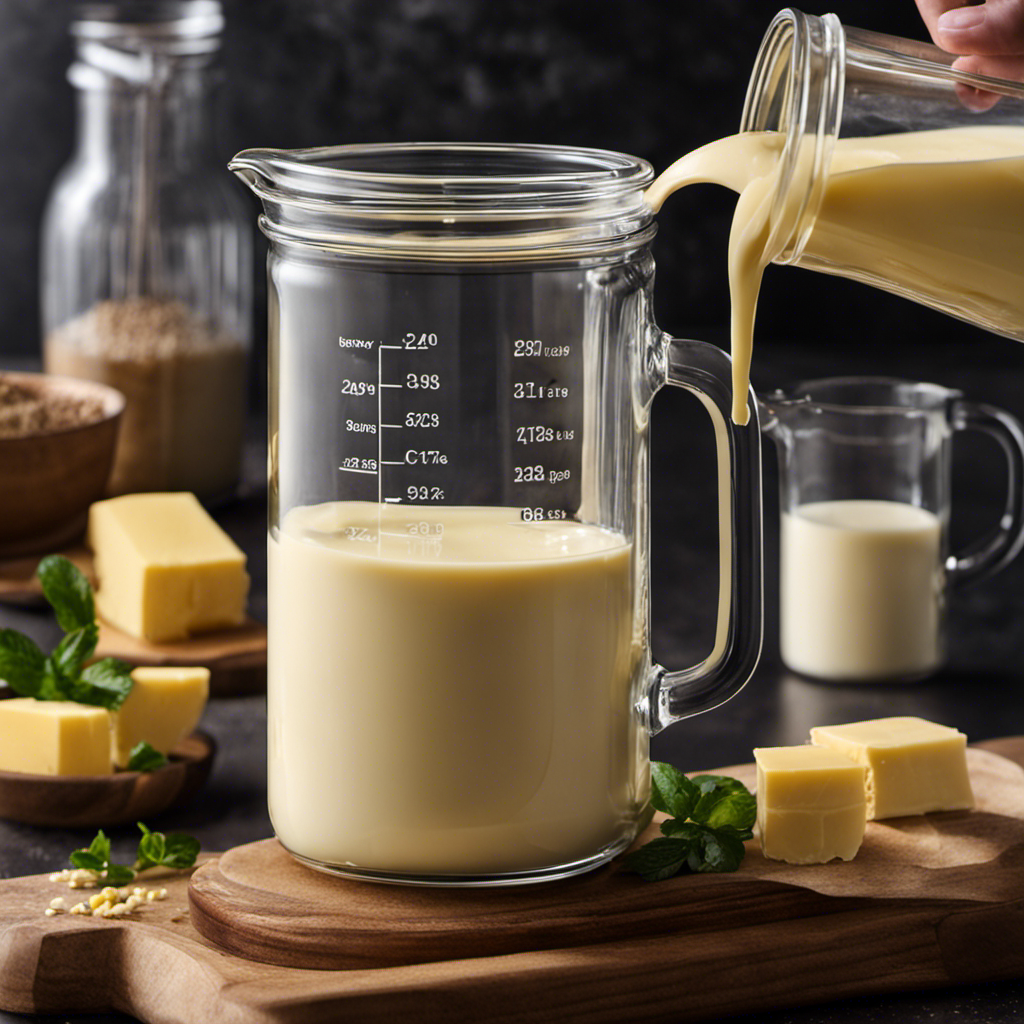 An image showcasing a glass measuring cup filled with precisely 2 cups of heavy cream being poured into a jar, illustrating the process of making a pound of butter